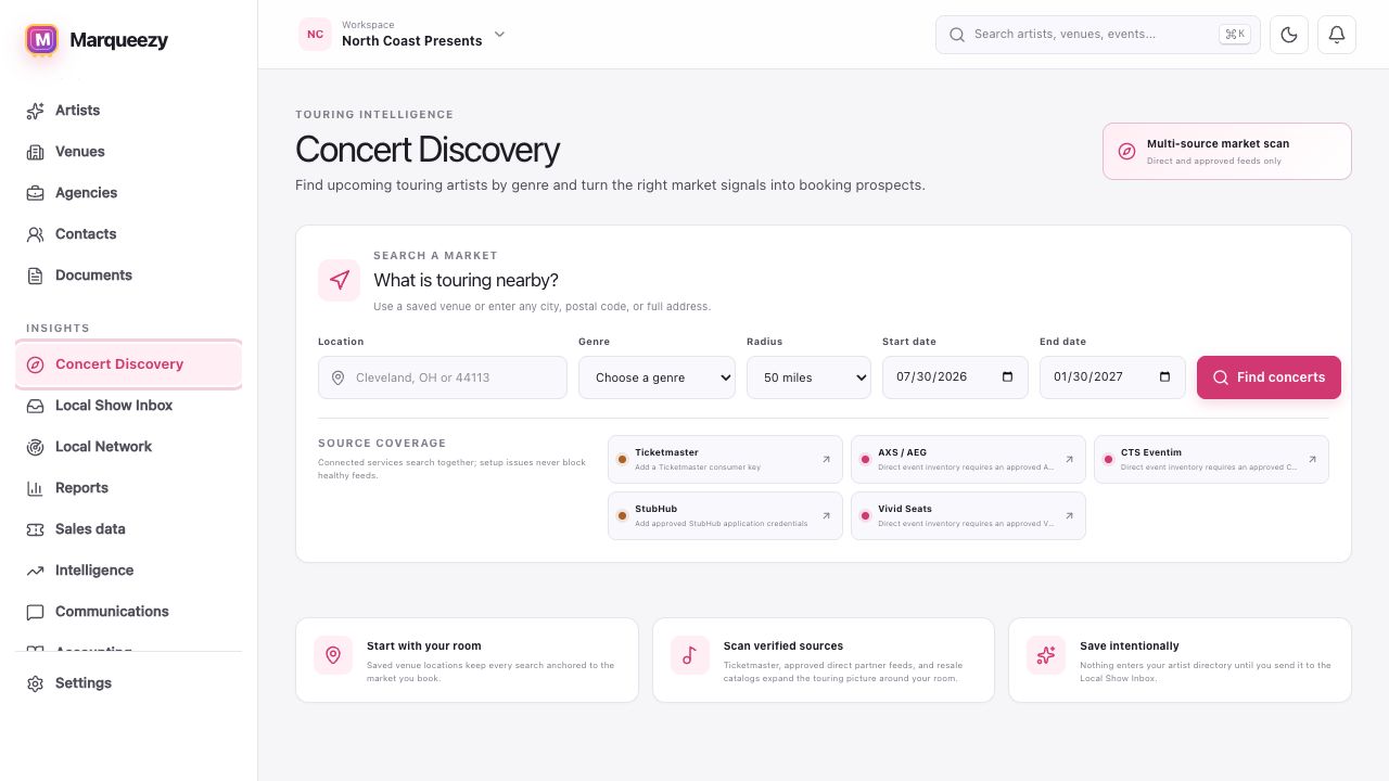 Marqueezy Concert Discovery market search